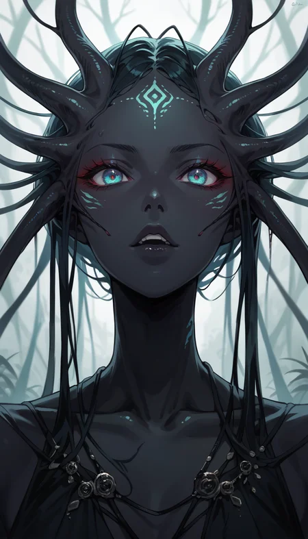 score_9, score_8_up, score_7_up, Anime Style, Portrait, alien figure, black skin, blend of organic and artificial elements, eerie atmosphere, contrasting colors and textures, natural and artificial components, alien, scifi background, dystopian, organic meets artificial, dark, depth of field, dynamic angle, fashion photography, sharp, hyperdetailed:1.15