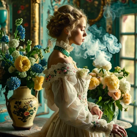 Couture, Colourful steam, beautiful lady arranging flowers in a antique vase, long gown, emerald collar, delphiniums, peony, peppermint, embroidered lace, chandelier, glittery smoke, beautiful model braided hairstyle , light rose, light green, light yellow, baby blue, and peach  <lora:MJ52:0.7>