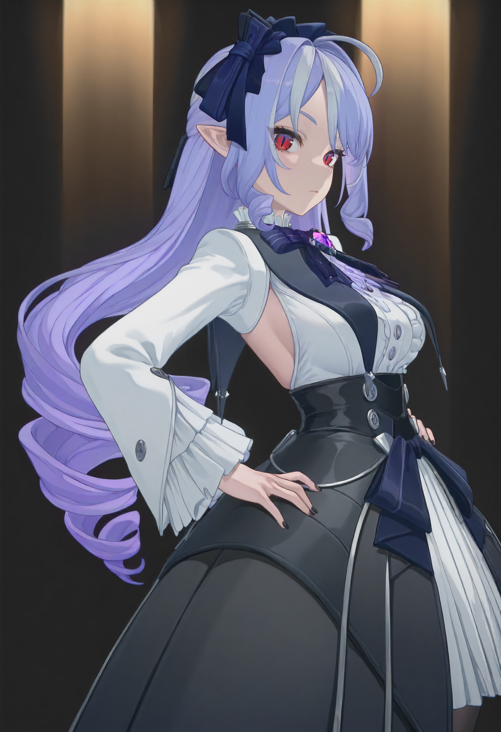 masterpiece, best quality, amazing quality, very aesthetic, absurdres, newest, scenery, volumetric lighting, perfect eyes, ultra detailed,
1girl, Vivian, solo, purple hair, hair ringlets, ahoge, blue hairband, hair bow, hair ornaments, pointy ears, red eyes, double iris, purple inner iris, slit pupils, black nails, white hair strands,
high collar, double bowtie, purplebowtie gem, nobility dress, open chest side, black and white dress, dress buttons, dress frills, frilled sleeves, black and white skirt, pantyhose, black boots, blue boot ribbons,
standing, looking at viewer, focused face, determined face, hands on hips, from the side, side view,
((simple background, white background:1.3)),
<lora:Vivian_-_Zenless_Zone_Zero_ZZZ_-_Illustrious:1>
masterpiece, best quality, amazing quality, very aesthetic, absurdres, newest, scenery, volumetric lighting, perfect eyes, ultra detailed,