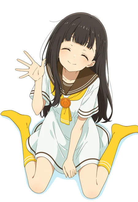 <lora:nukumizu_kaju_illustrious-000024:1>,
TMLH_NK,long hair,black hair,1girl,white dress,smile,yellow socks,brown sailor collar,short sleeves,sailor dress,yellow neckerchief,solo,waving,closed eyes,head_tilt,looking_at_viewer,from_above,wariza,sitting,no shoes,simple_background,white_background