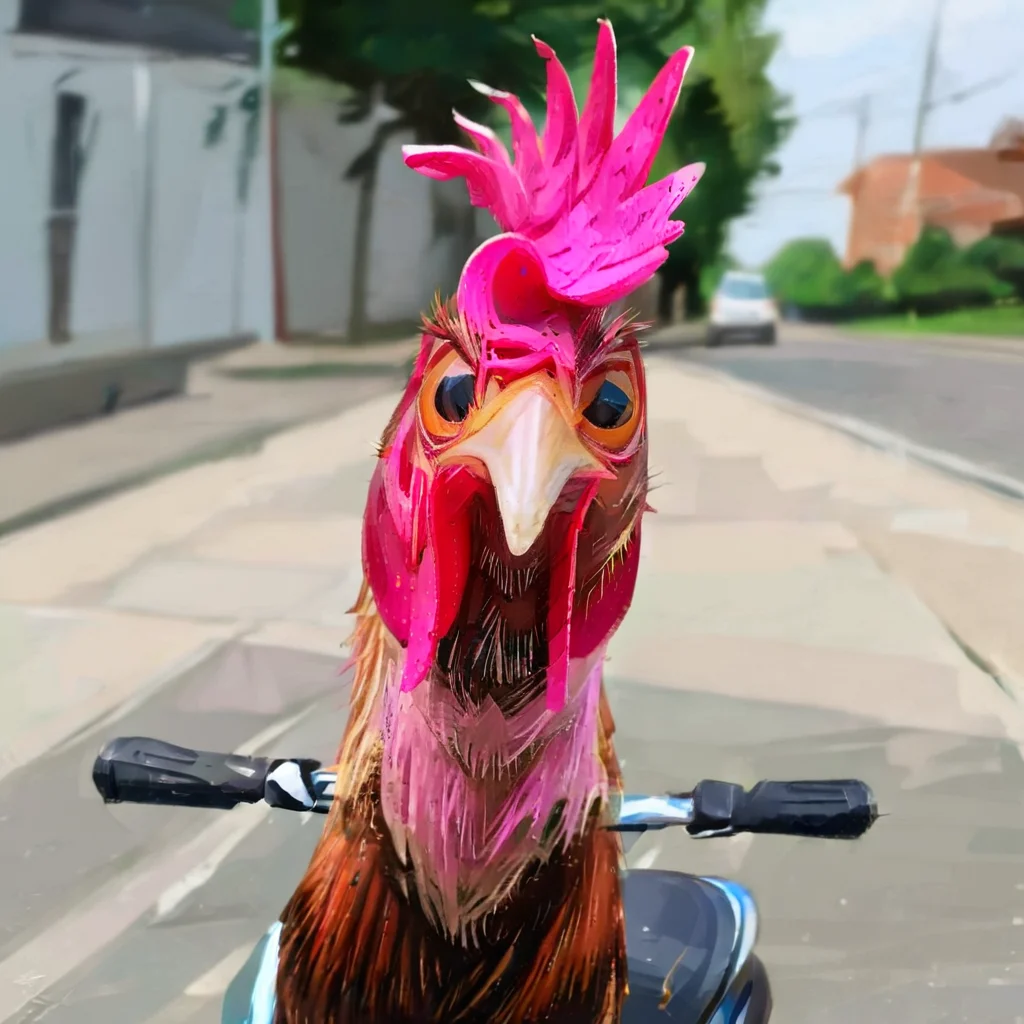 a rooster with a pink mohawk, sits on the handlebars of an electric scooter, caricature, albeniz rodriguez style <lora:albeniz-rodriguez-style:0.9>