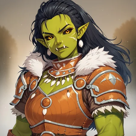 beautiful, high quality, upper Body, score_9, score_8_up, score_7_up, valeria, Orc, fangs, pointed ears, (black sclera:1.1), 1girl, green skin, amber eyes, amber eyes, fur trim, fur armor, looking at the viewer, dynamic pose, blurred background, black hair, short sleeves, serious look, tribal tattoos, (orange armor:1.2), muscular, defined fangs, lhata4564,