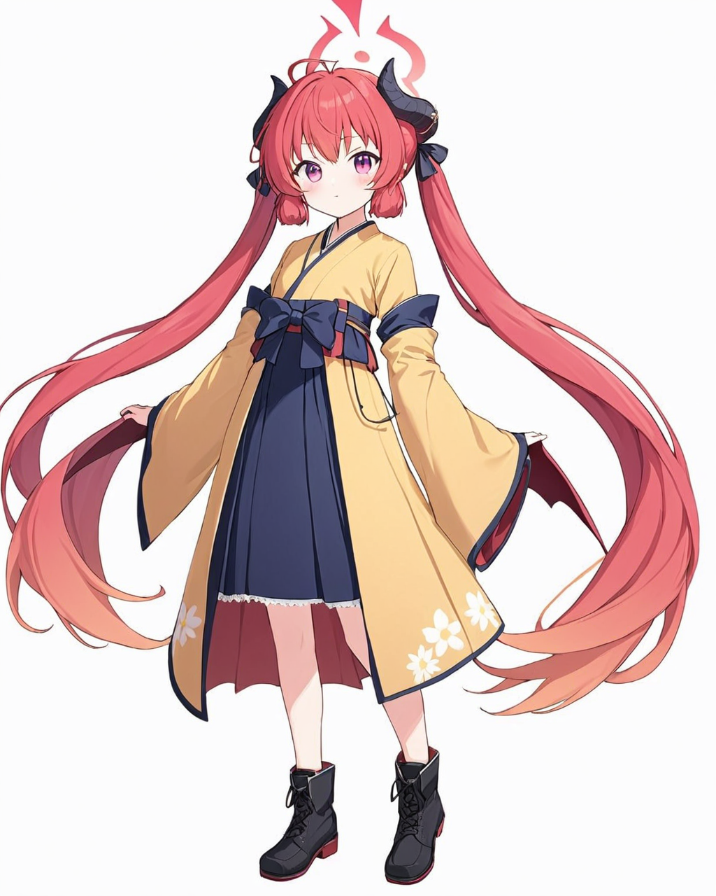 junko \(blue archive\),1girl, solo, simple_background, kinchaku, white_background, full_body, horns, twintails, halo, official_alternate_costume, low_wings, hakama_skirt, bag, looking_at_viewer, standing, black_footwear, yellow_kimono, holding, blush, wide_sleeves, closed_mouth, floral_print, lace-up_boots, long_sleeves, ribbon, black_hakama
<lora:junko_(blue_archive)_image691_2023-11-28-000012:1>halo. gorgeous,key visual, vibrant, studio anime,award-winning, professional, highly detailed,high budget, cinemascope
