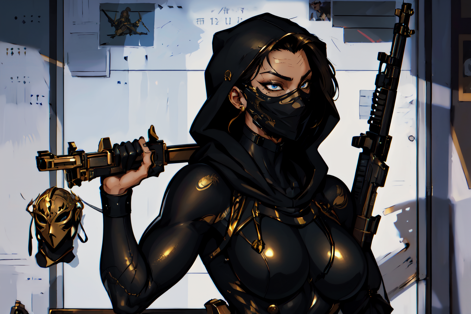 upper body, beautiful eyes, high detail skin, high detail eyes, high detail hair, highres, ultra detailed, sharpen picture, Highly detailed, masterpiece, best quality, photorealistic,
<lora:KimsanleeStyle3Lora:0.9> kimsan, a woman , ((golden black bodysuit, hood up, holding rifle, cleaverage, mask))