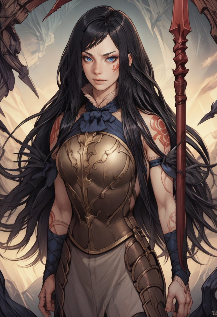 score_9, score_8_up, score_7_up, BREAK, score_9, <lora:shanoa:1> shanoa, long hair, black hair, blue eyes, tattoo,holding spear,