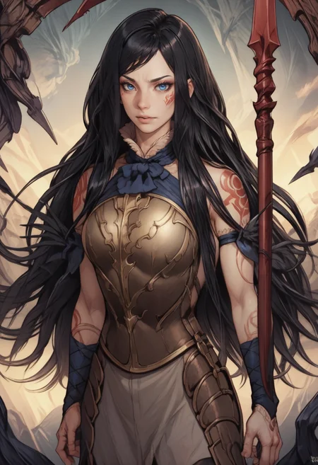 score_9, score_8_up, score_7_up, BREAK, score_9, <lora:shanoa:1> shanoa, long hair, black hair, blue eyes, tattoo,holding spear,