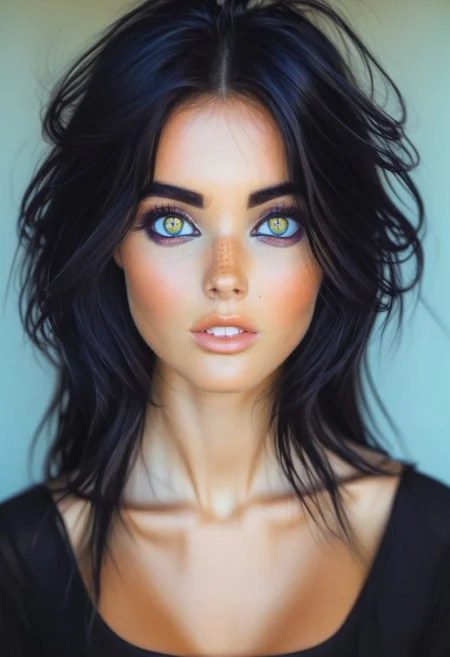 cute girl with large iridescent bright colorful eyes , intense gaze, toned torso and super thick dark black eyeliner and mascara. long hair down to shoulders, cute, dimples, slight smile, Exquisitely detailed close