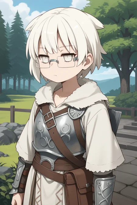 score_9, score_8_up, score_7_up, source_Anime, 1girl, y4m4sh1t4u3n0s4n, short hair, white hair, glasses, white eyes, jitome, traditional viking armor, outdoors, solo <lora:YamashitaUenoByJuninholara21:0.8>