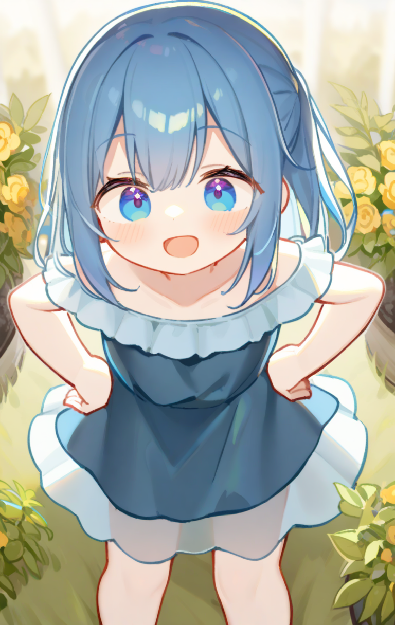 1girl,solo,blue hair,blue eyes,off-shoulder_dress,;d,huge filesize,colorful,in summer,hands_on_hips,lawn,<lora:tianliang3:1>,