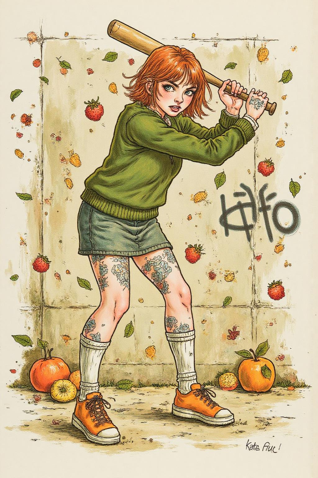kategreenaway1 illustration. 
 full body, liquid splash, cartoonish juicy fruits chaos, dynamic pose, dynamic camera, a fashion shoot, an illustration of a young woman threateningly holding a baseball bat in her hands, full body tattoo, wearing green short sweater, miniskirt, knee socks, orange sneakers, aggressive facial expression, wall with graffiti in the background,  <lora:kategreenaway1_f16e6:1.0><lora:870962053706169765:0>