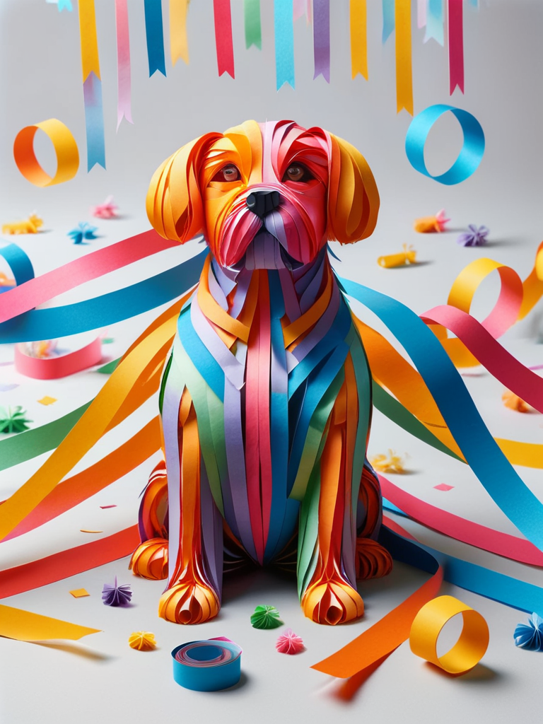 a dog made of ral-paperstreamer, sitting in a dog part with ral-paperstreamer dog´s around him <lora:ral-paperstreamer:1>