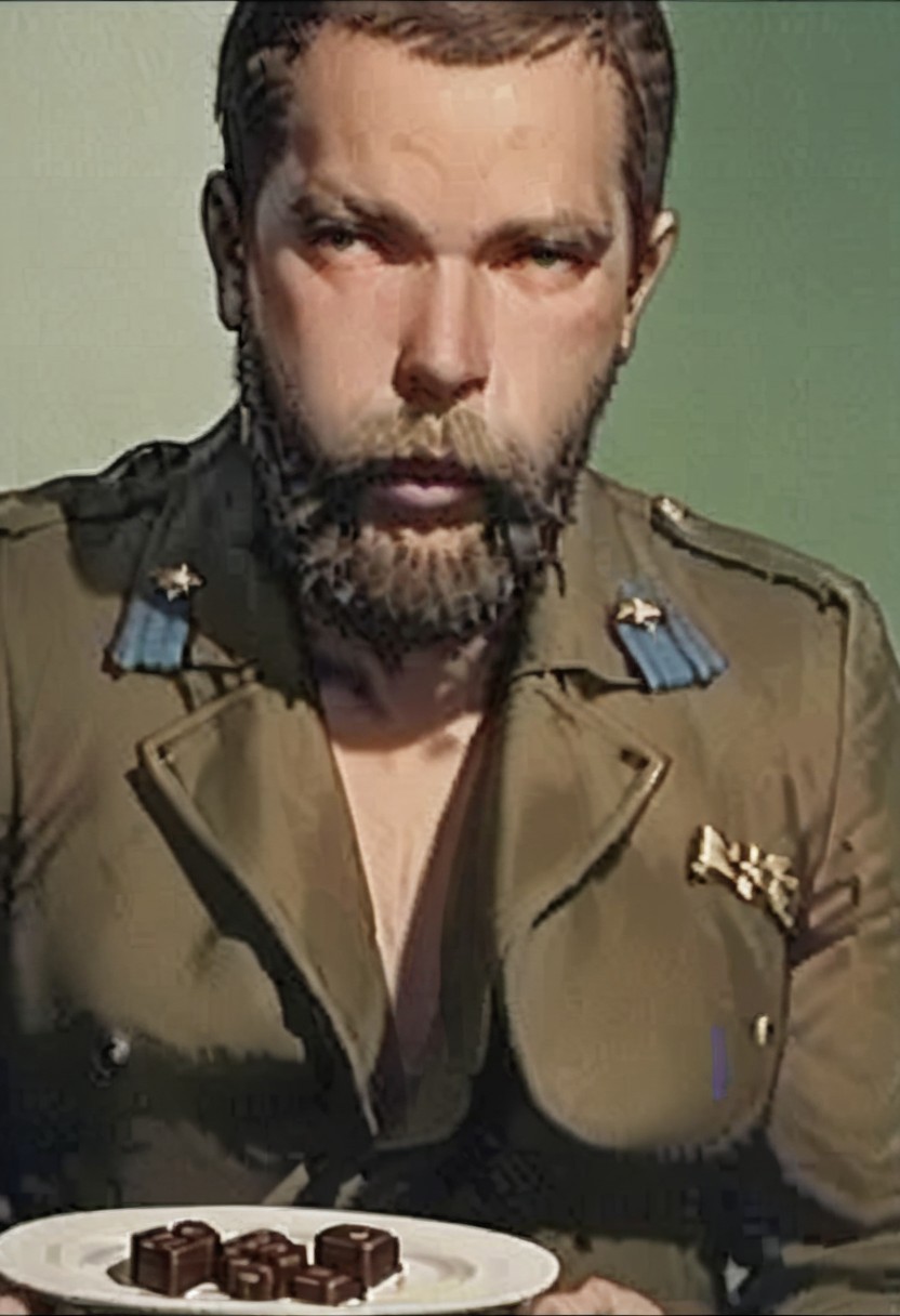 score_9, score_8_up, score_7_up,
Expressiveh,
2d,
source_anime,
Anime Screencap,
solo,
us,
masterpiece,
absurdes,
ultra detailed,
amazing quality,
zlnyslnk, phvshy, short blond hair, short blond beard, brown military jacket
detailed face,
detailed eyes,
((muscular build)),
fat body,
fat,
bare shoulders,
midrif,
looking to the viewer,
sitting,
on knees
((holding plate with chocolade in hands)),
plate with chocolade,
side view,
indoor,
underground,
(((green walls)),
pipes,
unique angle, dramatic angle,
detailed background,