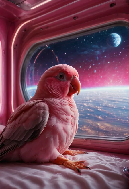 a macro shot of a hyperrealistic lovebird inside a futuristic shiny pink space bedroom, the background a thick glass window to a view of planet earth, clear, medium format, 120mm film
