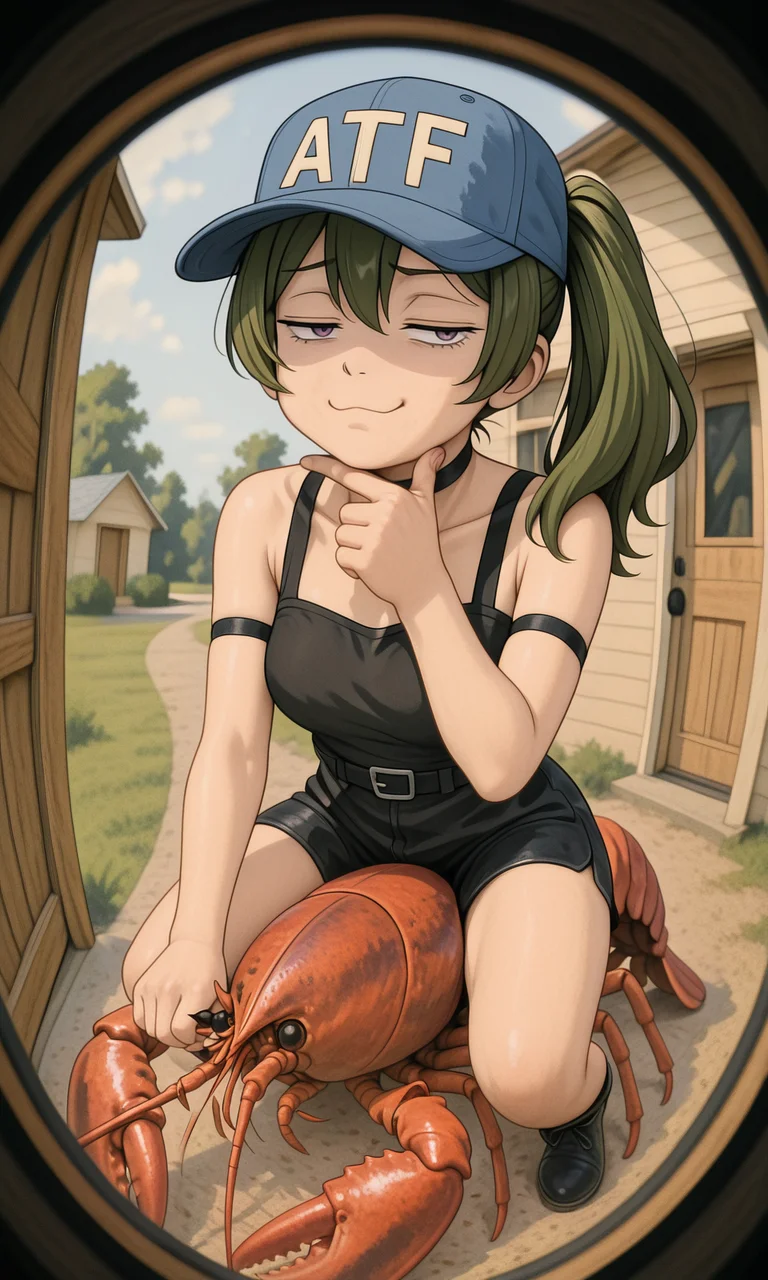 embedding:IllusP0s, pov peephole, riding lobster, fisheye, 1girl, solo, atf hat, rubbing chin, outdoors, ubel_\(sousou no frieren\), green hair, purple eyes, smug,<lora:pov peephole_riding lobster_fisheye_illustrious.safetensors:1.0:1.0> <lora:atf hat_illustrious.safetensors:1:1>