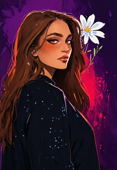 (resplendent highlighting) in the style of casual line and wash sketch, hauntingly beautiful, a drawing of a woman with long loose brown hair, imperious look, looking over her shoulder, inspired by Miguelanxo Prado and Amy Sol, olive skin, ultraviolet and infrared hues, white flower-pattern on dark-black sweater, anaglyph colors, aidmamj6.1, 3xpr3sgg0th1cn30n1nc4s3, ExpresHGothicNeonIncaseUOC, ExpresHGothicNeonIncase,