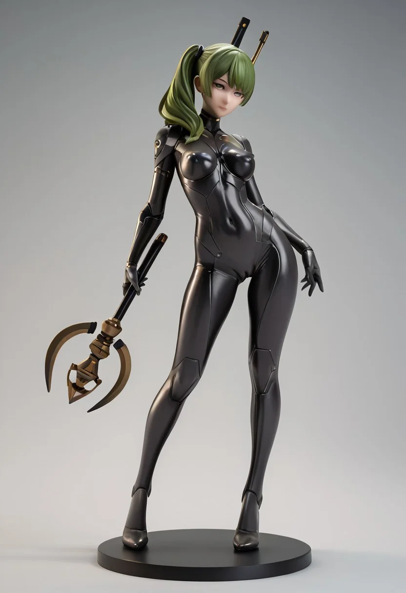 score_9_up, score_9, score_8_up, score_7_up, rating_explicit, 1girl, ub3l, green and black futuristic cybernetic body suit, skin tight, camel toe,standing, confident pose, facing the viewer, detailed display stand, diorama, cybernetic, futuristic, (weapon) large sci-fi weapon wizards staff, masterpiece, best quality, full body