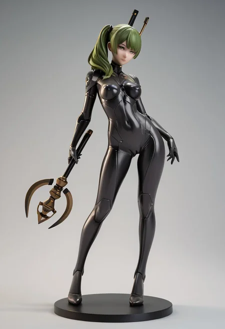 score_9_up, score_9, score_8_up, score_7_up, rating_explicit, 1girl, ub3l, green and black futuristic cybernetic body suit, skin tight, camel toe,standing, confident pose, facing the viewer, detailed display stand, diorama, cybernetic, futuristic, (weapon) large sci-fi weapon wizards staff, masterpiece, best quality, full body