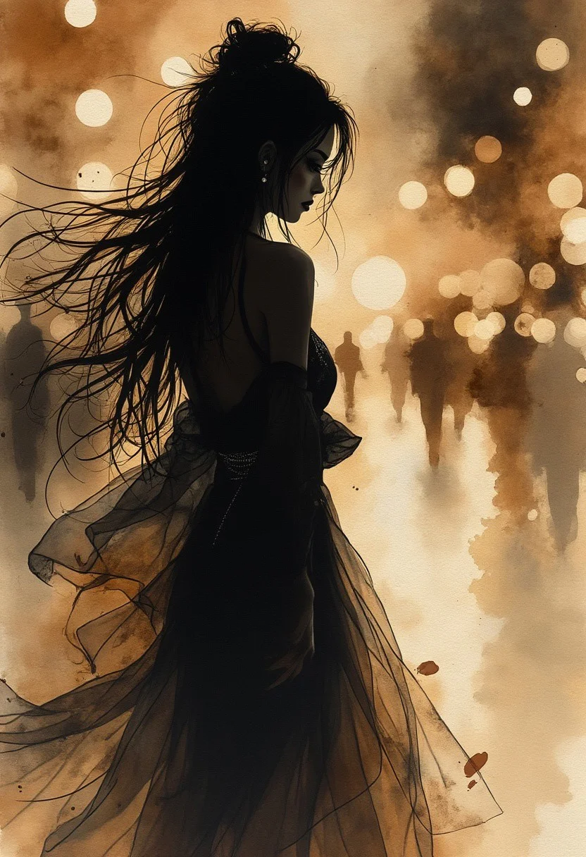 Expressive Watercolor Ink Wash, Inkplash art on rice paper, sepia, henna , Silhouette Art, magnificent, stunning japanese woman, long flowing hair, sidelocks, dark eyeshadow, silhouetted at night, walking down city street, bokeh, chiascuro, dark abstract background