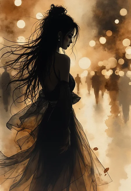 Expressive Watercolor Ink Wash, Inkplash art on rice paper, sepia, henna , Silhouette Art, magnificent, stunning japanese woman, long flowing hair, sidelocks, dark eyeshadow, silhouetted at night, walking down city street, bokeh, chiascuro, dark abstract background