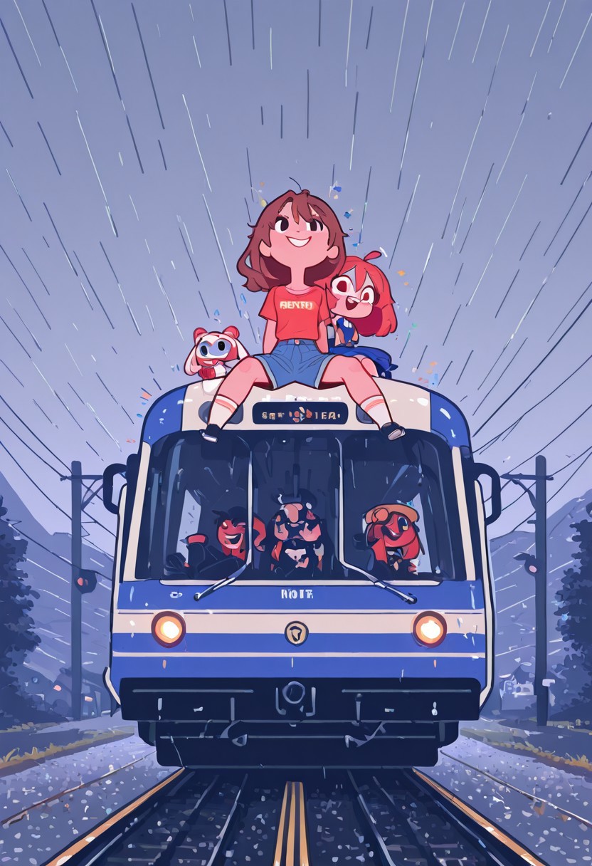 train car is not working, girls need a ride, ride home to work, dressed up in the rain, man in a red shirt and shorts ,
Flatline, Flat vector illustration, BaseB0b, Absurdres, highest quality, humorous fun and playful minimalist art