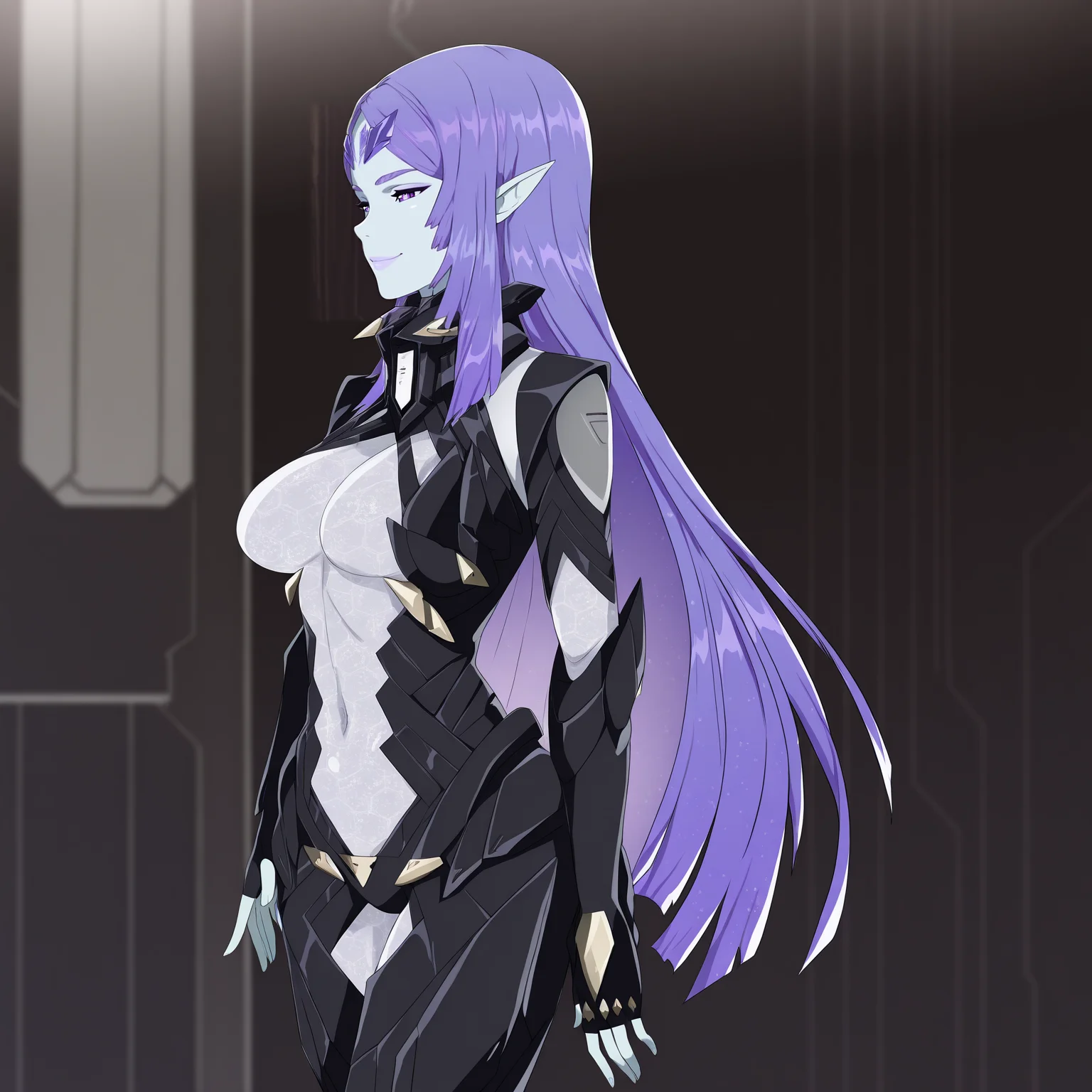 masterpiece, best quality,very aesthetic,absurdres
1girl
<lora:ETFILLUS2:1> etfillus, colored skin,white skin, pointy ears, purple eyes, long purple hair, black armor, see-through bodysuit,white bodysuit,navel,thigh cutout || ass cutout
sci-fi,indoors,cowboy shot, , upper body, motherly,smile, from side,looking at you,,metal walls,holograms , <lora:r3dfive illu-000030:1>