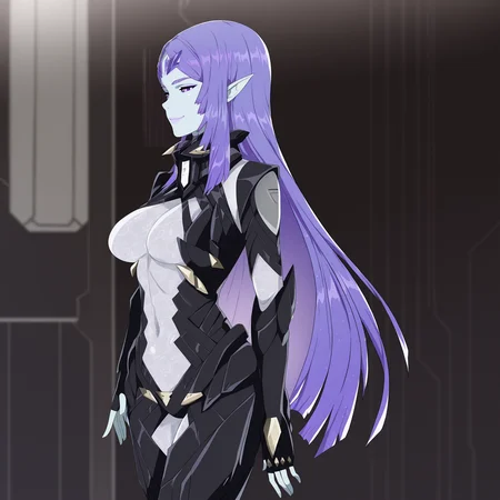 masterpiece, best quality,very aesthetic,absurdres
1girl
<lora:ETFILLUS2:1> etfillus, colored skin,white skin, pointy ears, purple eyes, long purple hair, black armor, see-through bodysuit,white bodysuit,navel,thigh cutout || ass cutout
sci-fi,indoors,cowboy shot, , upper body, motherly,smile, from side,looking at you,,metal walls,holograms , <lora:r3dfive illu-000030:1>