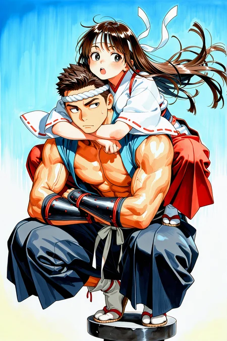 masterpiece, best quality, amazing quality, ultra-detailed, absurdres, highly detailed, 1boy, 1girl, arm guards, bara, brown hair, very short hair, black eyes, crossed arms, hakama, japanese clothes, short sleeves, on top of pole, open mouth, sideways glance, very short hair, long hair, (head on head:1.1), floating hair, medium breasts, muscular male, simple background, blue background, gradient background, white background, two-tone background, traditional media, watercolor \(medium\), squatting, piggyback, head rest, full body, headband, hug