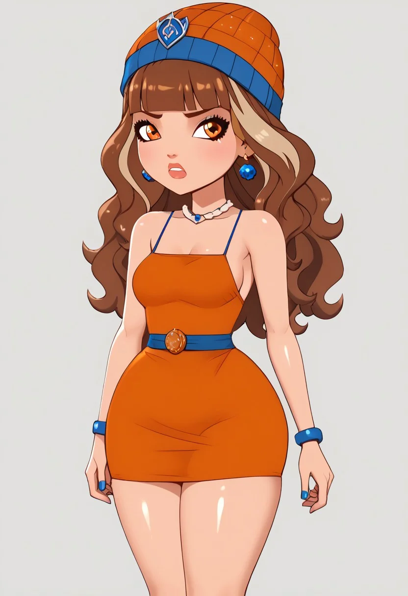score_9, score_8_up, score_7_up, deep skin, shiny skin, skindentation, source_anime, high quality, highres, (curvy), ((wide hips)),, thick thighs, cute, , sexy, medium breasts, 1girl, solo, EverAfterHigh, H&M_PGD3, dark orange dress, camisole dress, short dress, sideboob, sleeveless, short hair, brown hair, blue streaks, two-tone hair, red beanie, long hair, blunt bangs, orange eyes, tsundere