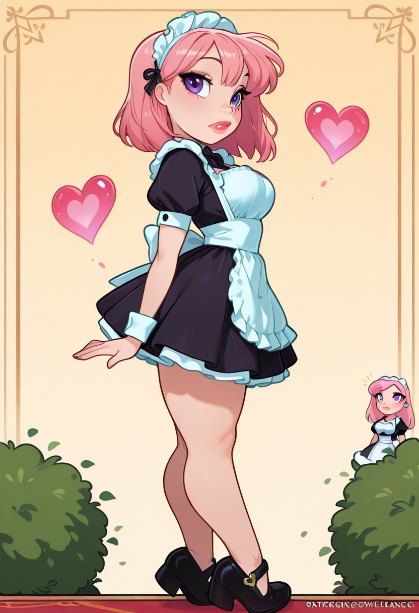 <lora:CivChan:1> side view, CivChan, purple eyes, pink hair, maid outfit, medium breasts, full lips, floating hearts, hearts, doing the homer Simpson walking backward meme, Large bush in background