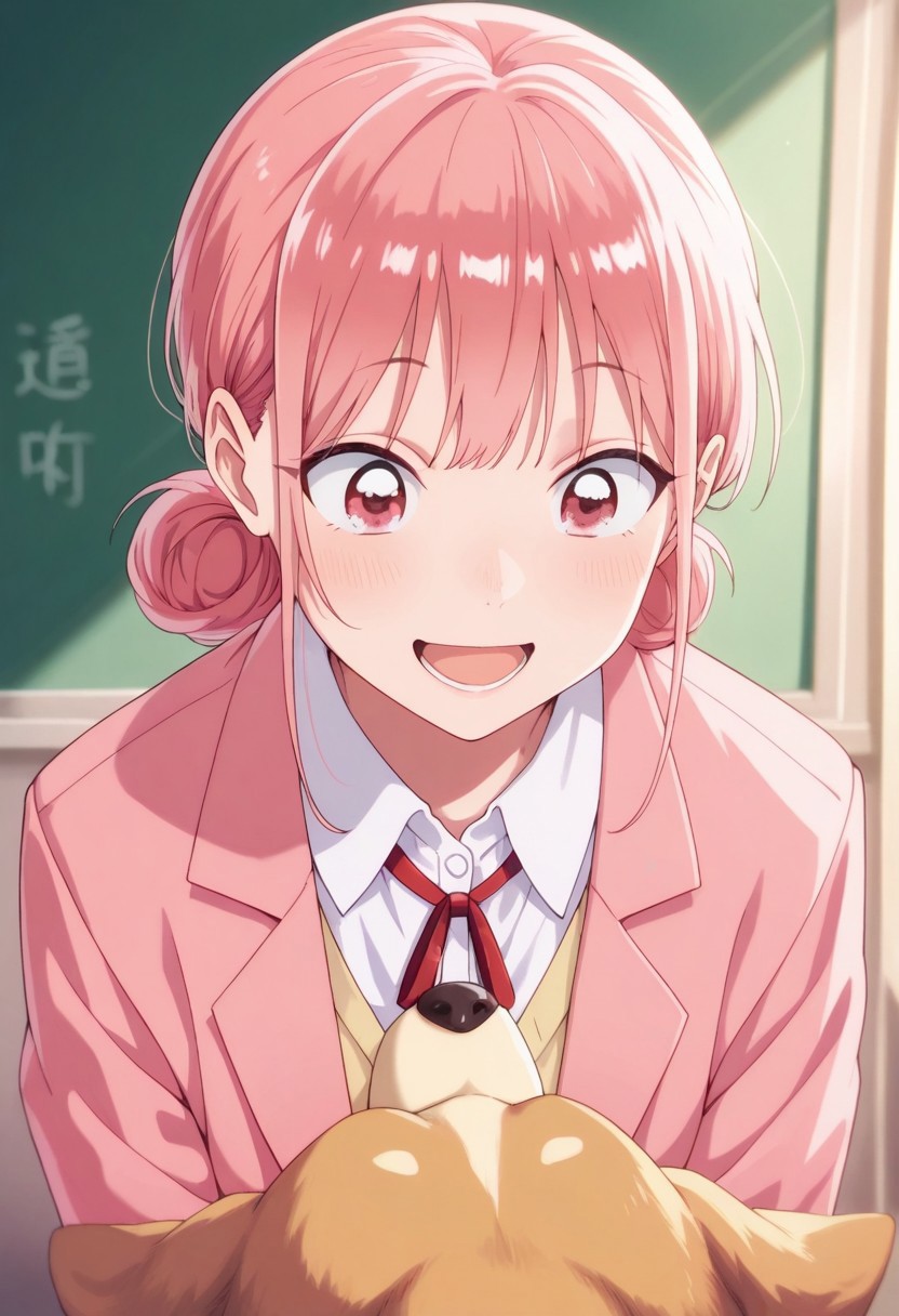 masterpiece,best quality,amazing quality, chono hina, pink hair, pink eyes, hair bun, 1girl, dog, school uniform, red ribbon, jacket, white shirt, shirt, open mouth, ribbon, neck ribbon, smile, solo