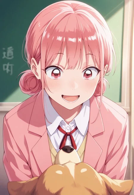 masterpiece,best quality,amazing quality, chono hina, pink hair, pink eyes, hair bun, 1girl, dog, school uniform, red ribbon, jacket, white shirt, shirt, open mouth, ribbon, neck ribbon, smile, solo