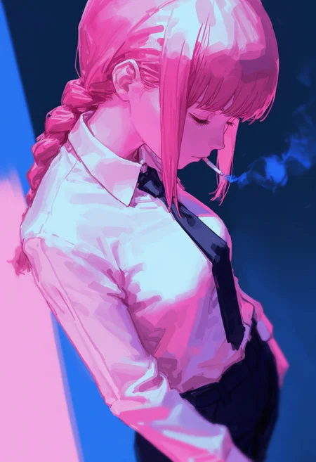 (by solipsist:1.25), realistic, limited palette, glowing theme, multicolored background,
masterpiece, best quality, amazing quality, very aesthetic,
pink theme, blue theme,
1girl, cowboy shot, makima \(chainsaw man\), bored, closed eyes, smoking, lighting cigarette,
simple background, perspective, depth of field, from above, from side,
<lora:nhl-001-20:0.9> nhl-001