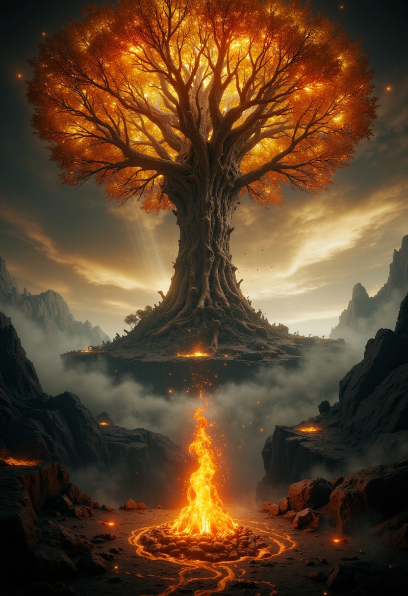 highly detailed, high quality, digital illustration, intricate details, light reflection, trending on artstation, volumetric lighting, extremely clear 8k wallpaper,
1enormous tree up on a mountain in the background, the tree reaches the sky, the leaves of the tree are golden and light up the clouds with a reddish-golden hue, around the base of the tree there is a fantasy city,  god rays filters through the canopy, midday,  (in the foreground there is a solitary golden flame coming out of the ground surrounded by golden sparkles), scenery, gloomy, elden ring style, dark atmosphere