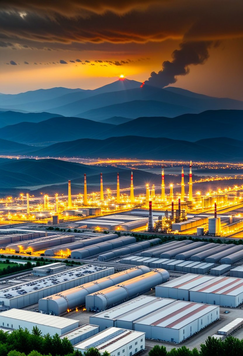 A dense layer of gray clouds illuminated in red from above, a small golden sun, light gray mountains in the distance on the horizon among which power plants and industrial buildings can be seen, closer gray mountains on the horizon among which power plants and industrial buildings can be seen, black mountains on the horizon among which power plants and industrial buildings can be seen,