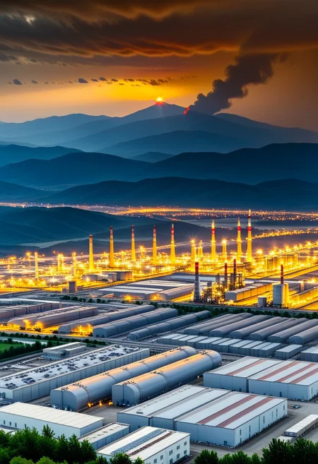 A dense layer of gray clouds illuminated in red from above, a small golden sun, light gray mountains in the distance on the horizon among which power plants and industrial buildings can be seen, closer gray mountains on the horizon among which power plants and industrial buildings can be seen, black mountains on the horizon among which power plants and industrial buildings can be seen,