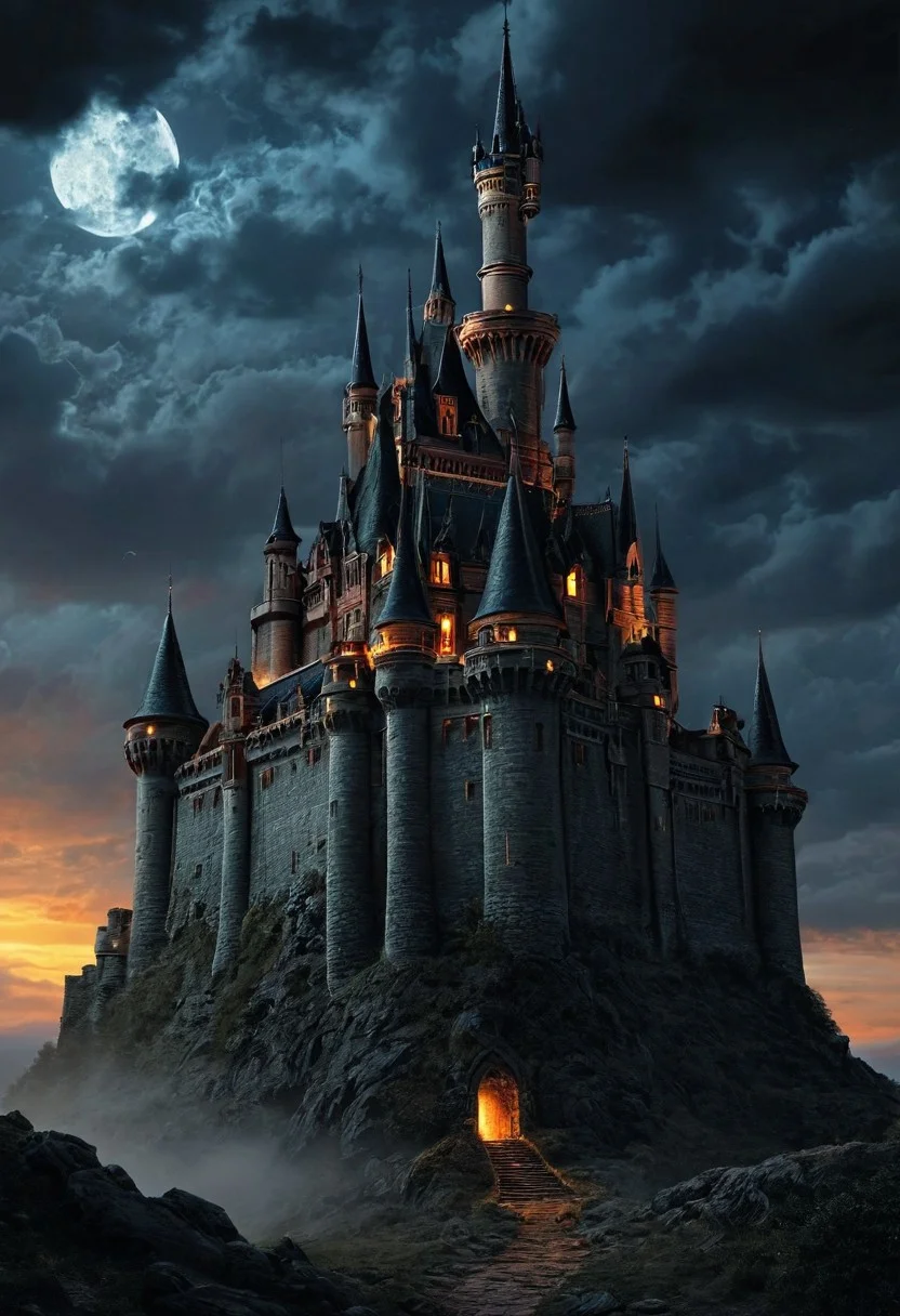 score_9, score_8_up, score_8_up, ng_deepnegative_v1_75t, photo, realistic, castle, mysterious, dark, cloudy, firelight