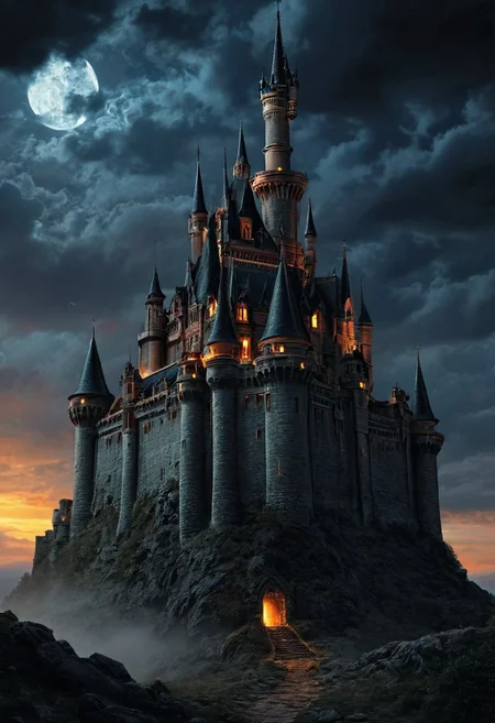 score_9, score_8_up, score_8_up, ng_deepnegative_v1_75t, photo, realistic, castle, mysterious, dark, cloudy, firelight