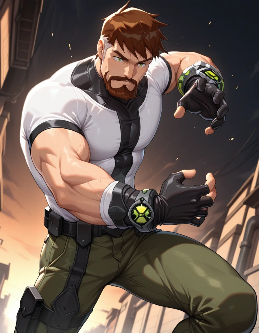 masterpiece, best quality, amazing quality, <lora:Ben_10000_IL:0.9>, BenT-ARAI-IL, 1boy, solo, male focus, muscular, facial hair, brown hair, green eyes, gloves, white shirt, green pants, bracelet, dynamic pose, dynamic angle, close up, <lora:cfg_scale_boost:0.4>