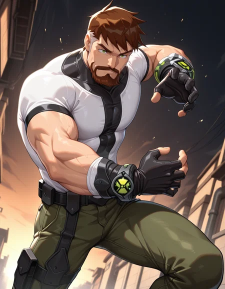 masterpiece, best quality, amazing quality, <lora:Ben_10000_IL:0.9>, BenT-ARAI-IL, 1boy, solo, male focus, muscular, facial hair, brown hair, green eyes, gloves, white shirt, green pants, bracelet, dynamic pose, dynamic angle, close up, <lora:cfg_scale_boost:0.4>