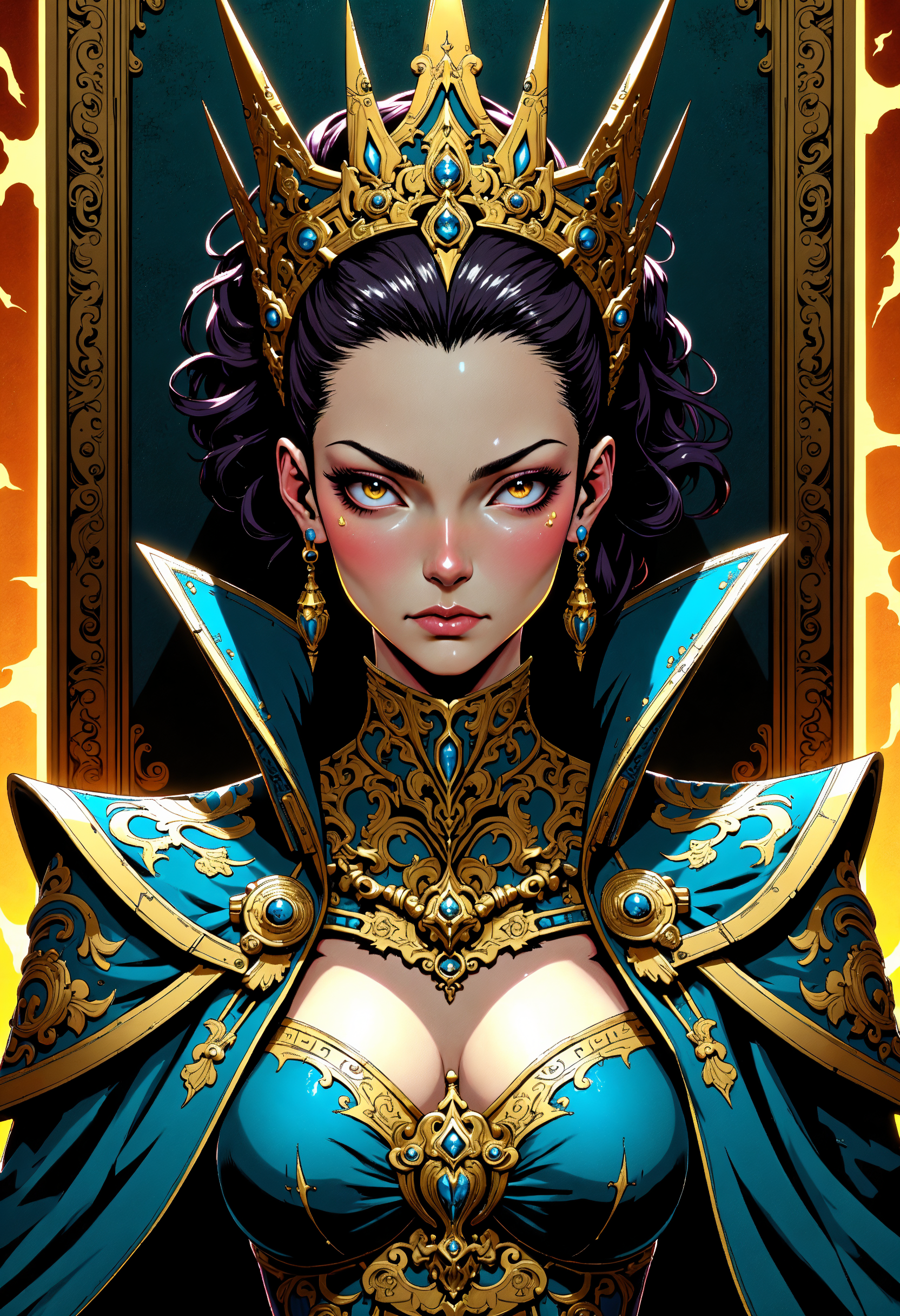 masterpiece, high-quality, A dramatic close-up of a regal female queen, her intense sharp gaze framed by an angular crown, Bold line art enhances the intricate details of her ceremonial robe, while faint glowing accents outline the edges, set against a surreal throne room, glowing accents, regal details, bold contrasts, angular elegance, (elaborate fine details:1.1), (hyperdetailed:1.1), (intricate details:1.0), (Refined details:1.1), (best quality:1.1), (high resolution:1.2),,,