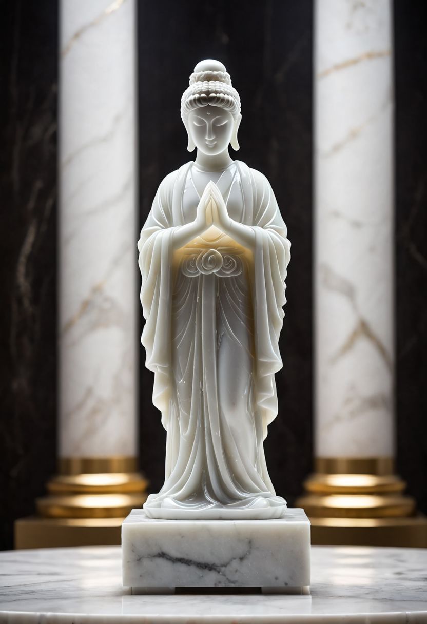 Fujifilm XT3, Sony A7 IV, (award winning photography) a (white: 0.89) marble simple stylized (figurine) made of opal (Kintsugi: 0.89) set on a pedestal in temple, glistening. in the background beautiful pillars, divine (iridescent: 0.79), opalescent textures, volumetric light, ethereal, sparkling, studio photo, highly detailed, sharp focus (highest quality: 1.39) (highest coherency: 1.39) (award winning photography), highly detailed photography, (muted colors, cinematic, dim colors, soothing tones:1.2), vibrant, insanely detailed, hyperdetailed, (dark shot:1.2), (vsco:0.3), (intricate details:0.9), (hdr, hyperdetailed:1.2) (vignette), sss, raw photo, fijifilm, kodak, cinematic film grain