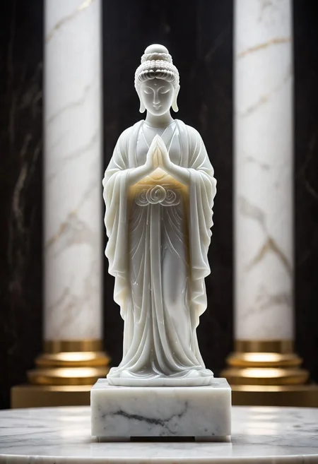 Fujifilm XT3, Sony A7 IV, (award winning photography) a (white: 0.89) marble simple stylized (figurine) made of opal (Kintsugi: 0.89) set on a pedestal in temple, glistening. in the background beautiful pillars, divine (iridescent: 0.79), opalescent textures, volumetric light, ethereal, sparkling, studio photo, highly detailed, sharp focus (highest quality: 1.39) (highest coherency: 1.39) (award winning photography), highly detailed photography, (muted colors, cinematic, dim colors, soothing tones:1.2), vibrant, insanely detailed, hyperdetailed, (dark shot:1.2), (vsco:0.3), (intricate details:0.9), (hdr, hyperdetailed:1.2) (vignette), sss, raw photo, fijifilm, kodak, cinematic film grain