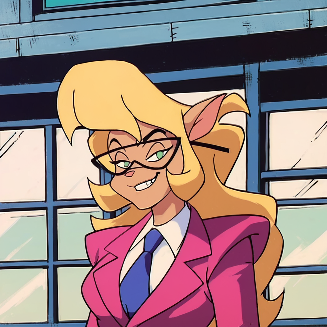 score_9, score_8_up, score_7_up, score_6_up, score_5_up, score_4_up, (Source swat kats), (rating safe), 1girl solo, outdoors, sun, trees, wearing pink suit, necktie, blonde hair, tail, looking at viewer, smug expression, grin, furry female, glasses,  <lora:CallieBriggsXL:1>