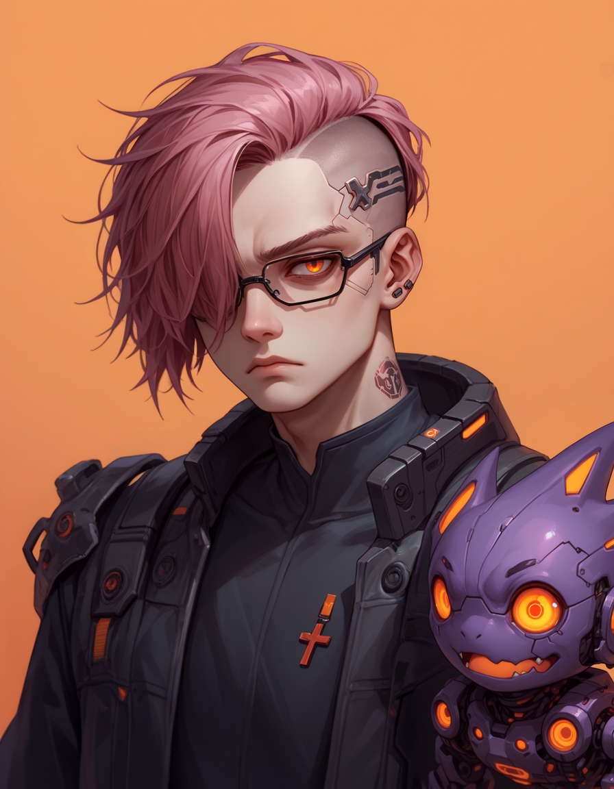 score_9, score_8_up, score_7_up
1boy, cyborg, computer glasses over one eye, glass eye with cross hair, cyberpunk, shaved side of head, purple orange gradient background, mischievous evil expression, companion creature on shoulder 
<lora:detail:1>