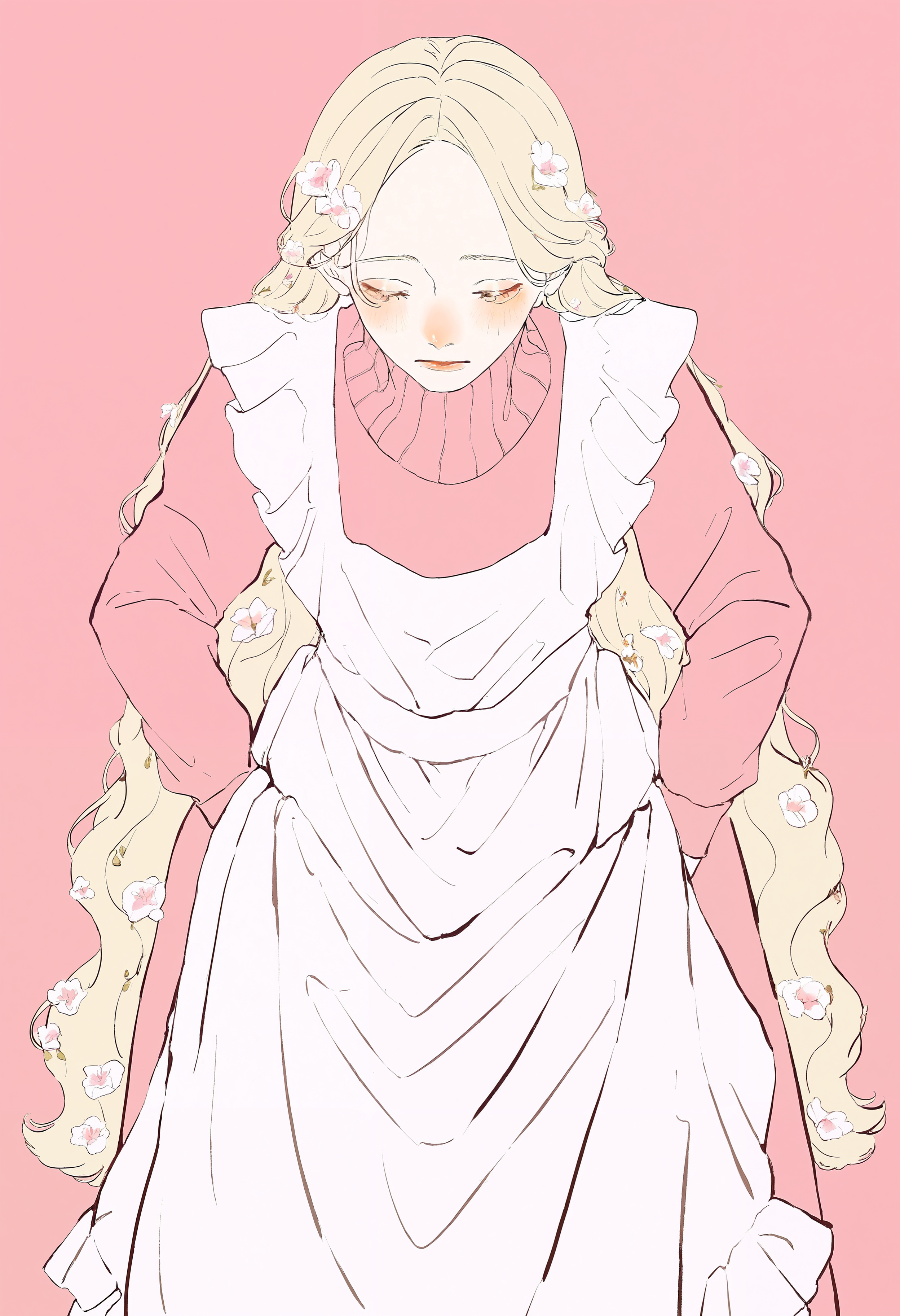 masterpiece, highres, absurdres, newest, very awa, blending,   1girl, solo, blonde hair, very long hair, flower hair ornament, victorian maid, knit turtleneck sweater, white apron, pink sleeves, closed eyes, bowing, leaning forward, pink background, (dress lift, clothes lift:1.2), straight-on,   <lora:spo_sdxl_10ep_4k-data_lora_webui>,  <lora:TA_trained:0.35>,  <lora:NOOB_EPSv1_1_detailer_by_vlnvk_v0_5>,  <lora:shim_46:0.8>