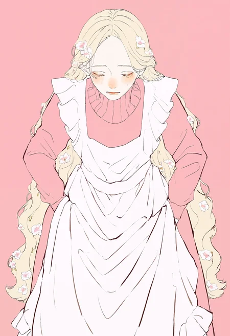 masterpiece, highres, absurdres, newest, very awa, blending, 1girl, solo, blonde hair, very long hair, flower hair ornament, victorian maid, knit turtleneck sweater, white apron, pink sleeves, closed eyes, bowing, leaning forward, pink background, (dress lift, clothes lift:1.2), straight-on, <lora:spo_sdxl_10ep_4k-data_lora_webui>, <lora:TA_trained:0.35>, <lora:NOOB_EPSv1_1_detailer_by_vlnvk_v0_5>, <lora:shim_46:0.8>