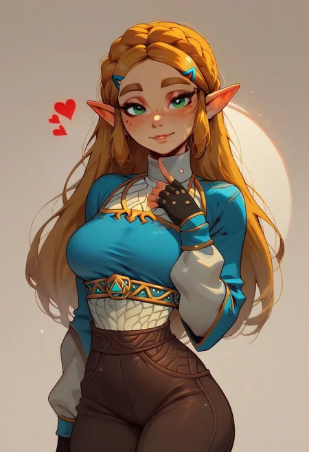 score_9, score_8_up, score_7_up, score_6_up, 1girl, solo, princess Zelda (breath of the wild) ,cute, freckled face, slim waist, cute round face, lidded eyes, red cheeks , brown pants, clothes on, hourglass body,looking at viewer, lots of hearts, seductive eyes, safe for work