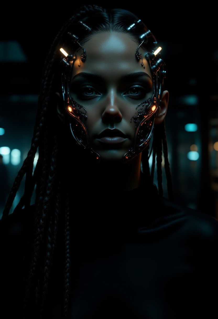 Delirium style, AbstractChaos style, cybernetic woman with a strong, mechanical appearance. Her face is adorned with intricate metal and cybernetic components, including glowing lights and mechanical bolts. Her hair is long and braided, with strands of metal and wires visible. The background should be a dark, industrial setting with blurred lights and structures, giving a sense of a futuristic, sci-fi environment. The overall style should be dark and dramatic, with a focus on the intricate details of the cybernetic components. The subject is a humanoid figure with a smooth, polished, almost metallic dark colored head, suggesting a cybernetic or alien-like appearance. The face is rendered in a gradient of deep colored tones, with intricate, swirling patterns in shades of that evoke the appearance of circuitry or cosmic energy.
<lora:flux_realism_lora:0.8>,  <lora:MysticFantasy:0.8>,  <lora:ARTifacts:0.8>,  <lora:Delirium:0.8>, Delirium style,  <lora:style_of_H._R._Giger_FLUX_295:1>, style of H. R. Giger, <lora:AbstractChaos-Flux:0.5>, AbstractChaos styleâââ
