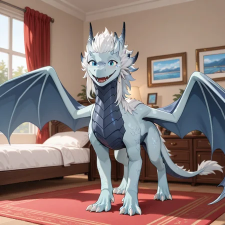 1boy, highres, absurdres, newest, masterpiece, best quality, furry, furry_male, azymondias_tdp, dragon, light blue scales, white hair, blue wings, horns, tail, claws, blue eyes, 1boy, (quadruped, feral:1.3), detailed eyes, (standing:1.1), open_mouth, open mouth smile, happy smile, luxurious detailed room, bright room, day scene, professional lighting, solo, bedroom, smiling, looking_at_viewer, masterpiece, close up, safe