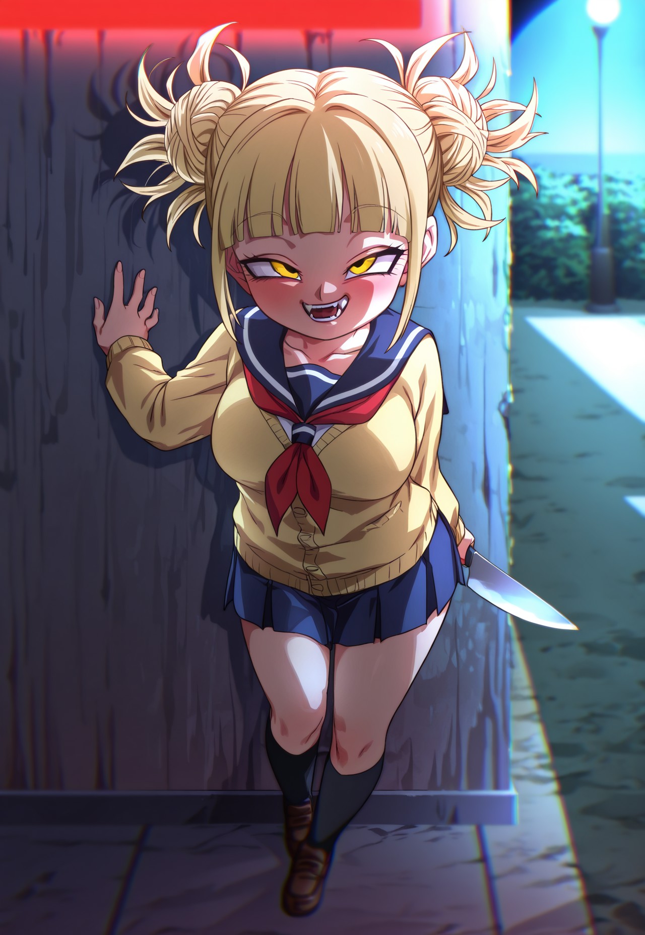 masterpiece, best quality, amazing quality, very aesthetic, absurd res, anime screecap, perfect anatomy, Rom@_ArtStyle, rom_\(20\), 1girl, solo, 1girl, solo, himiko toga, bangs, blonde hair, yellow eyes, blunt bangs, hair bun, double bun, messy hair, fangs, skirt, long sleeves, school uniform, pleated skirt, shoes, serafuku, socks, sailor collar, blue skirt, neckerchief, kneehighs, brown footwear, medium breasts, cardigan, black socks, loafers, red neckerchief, yellow cardigan, looking at viewer, smile, Small fangs, eyes half closed, outdoors, alleyway, dimly lit, one hand on wall, one hand down holding large knife, crazy smile, full body, dynamic lighting, moon light